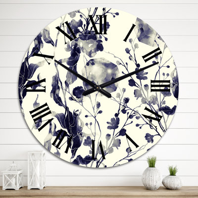 Horloge murale à motif minimaliste de fleurs et de feuilles abstraites sur fond jaune