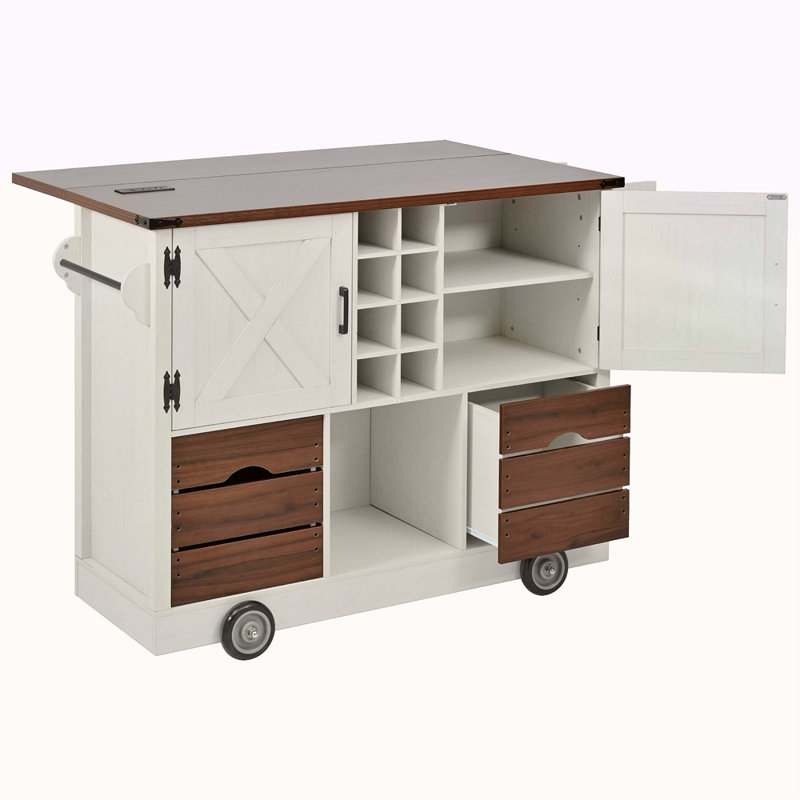 54" Farmhouse Kitchen Island With Drop Leaf, Power Outlet, Kitchen Storage Cart With 2 Doors, 2 Drawers, Rolling Kitchen Island On 4 Large Wheels With Spice Rack For Kitchen, Dining Room