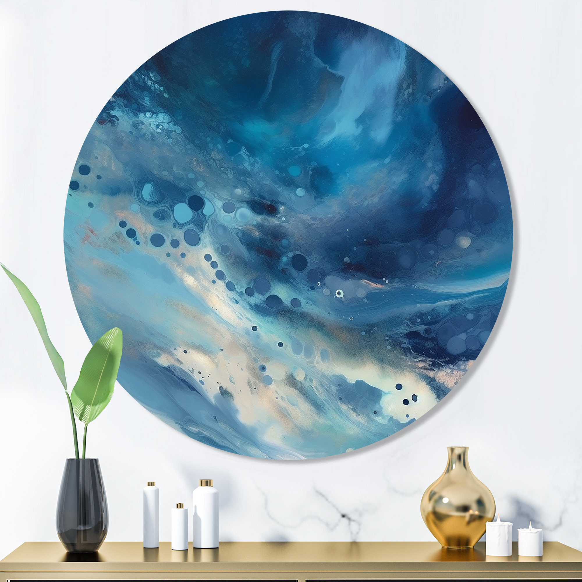 Ivy Bronx Blue Captivating Liquid Ink II - Abstract Marble Round Metal ...