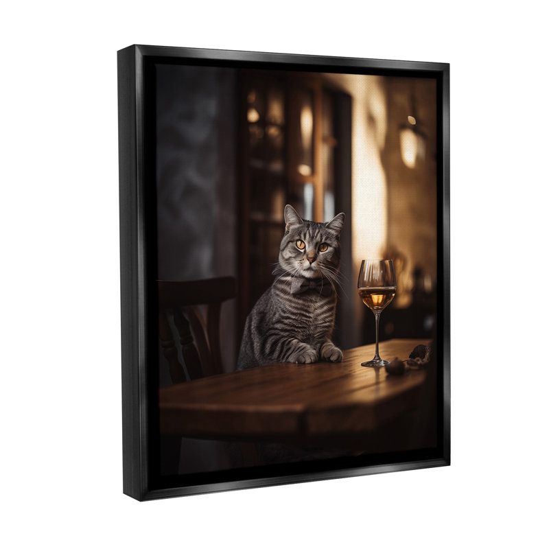 «Classy Cat With Wine Floater Frame» par Ziwei Li sur toile, H 31 po x l 25 po, Cadre flottant noir de jais