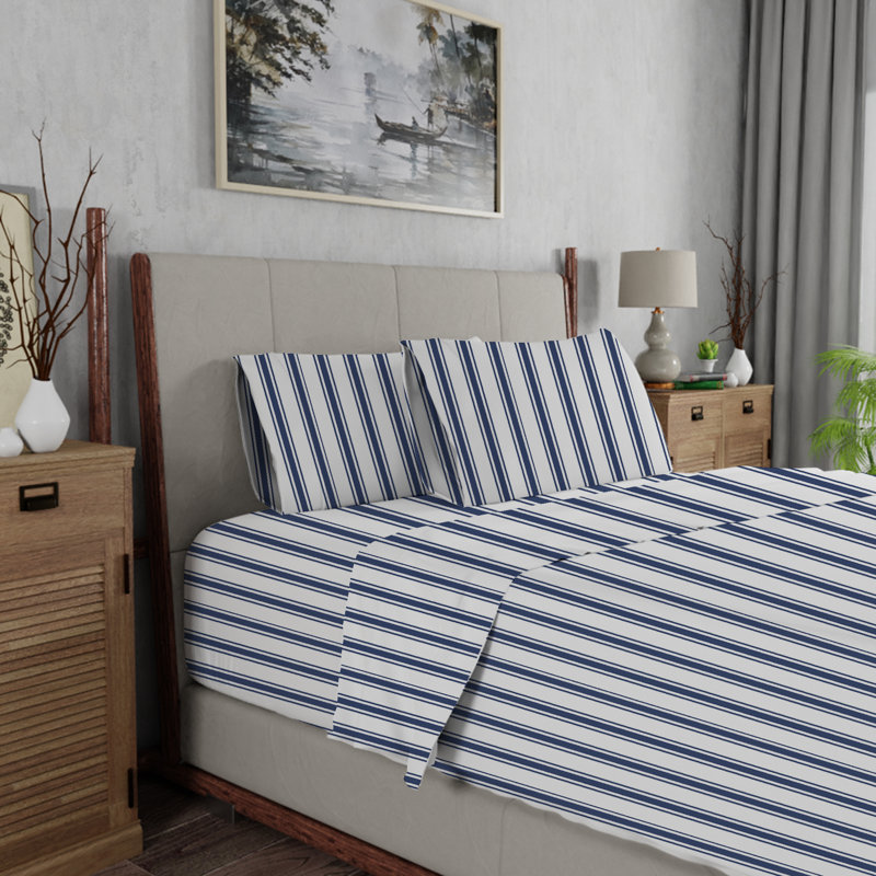 Twin XL Navy Stripe Cotton Polyester Percale Sheet Set