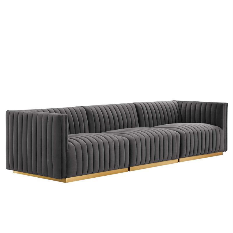 Conjure Channel Tufted Sofa by Modway, Gray Velvet, Gold, 28" H x 155" W x 36.5" D