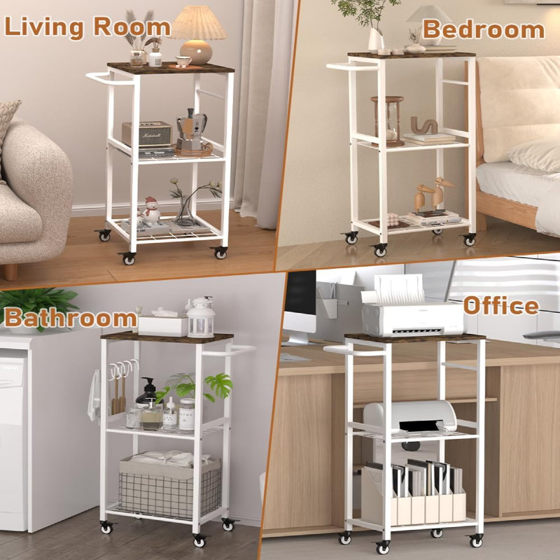 Rolling Kitchen Cart With 3-Tier Storage And Metal Handle For Small Spaces (Enhanced Organization & Style), White/Brown Wood