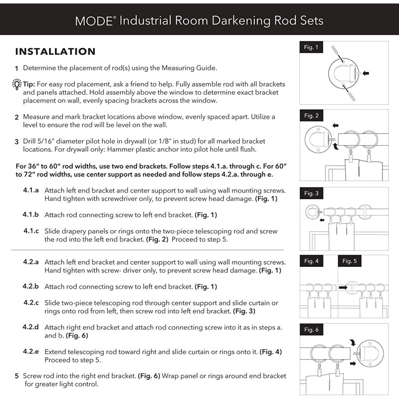Graphite Adjustable Industrial Steel Curtain Rod Set, 36"-72"