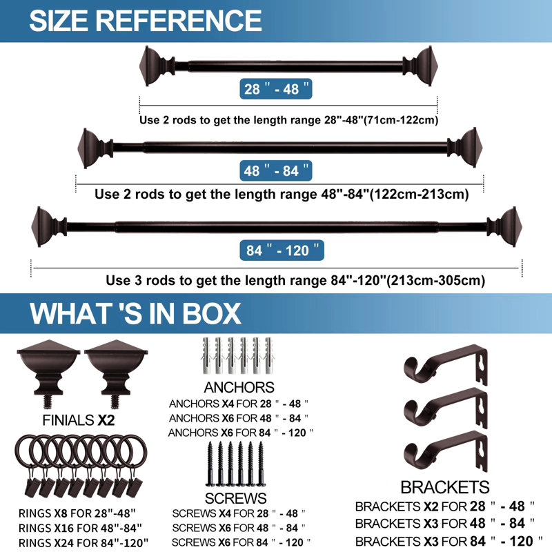 Tringle à rideaux simple ajustable Plemmons, H 0,625 po x l 48 po x P 0,625 po, Bronze