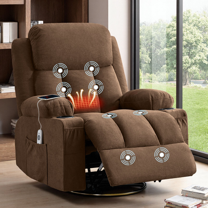 38" Brown Swivel Rocker Recliner w/ 8-Point Massage & Heat, Cup Holders, USB Port, 350 lb Capacity, Brown