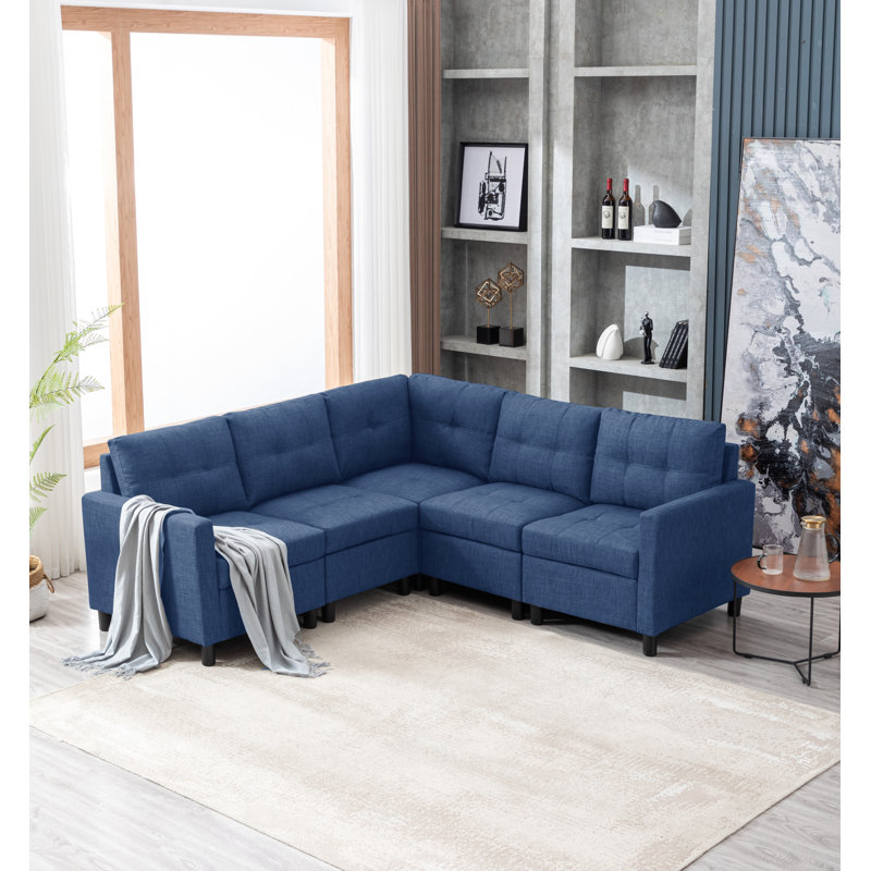 Kentrell Upholstered Corner Sectional Sofa For Small Living Space, Blue Linen