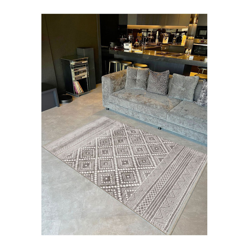 Tapis décoratif moderne gris tissé à la machine lavable à la machine, Rectangle 5 pi 1 po x 7 pi 7 po