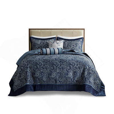 Queen 5-Piece Navy Jacquard Bedspread Set