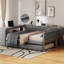 Lit plateforme tapissier pleine grandeur avec tablettes de rangement, bureau, station de charge et lit gigogne, gris-142798295