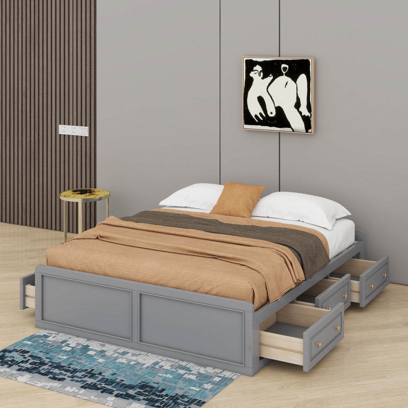 Wood Queen Size Platform Bed Frame With 6 Drawers
