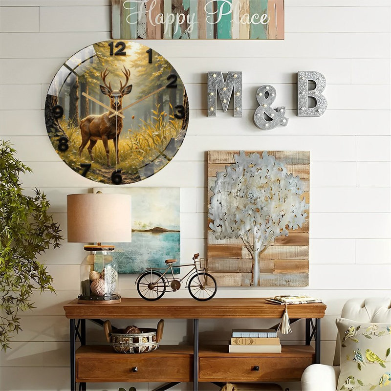 Deer Wall Clock Decorative Home Artwork Art - 12'' Modern Glass Wall Clock