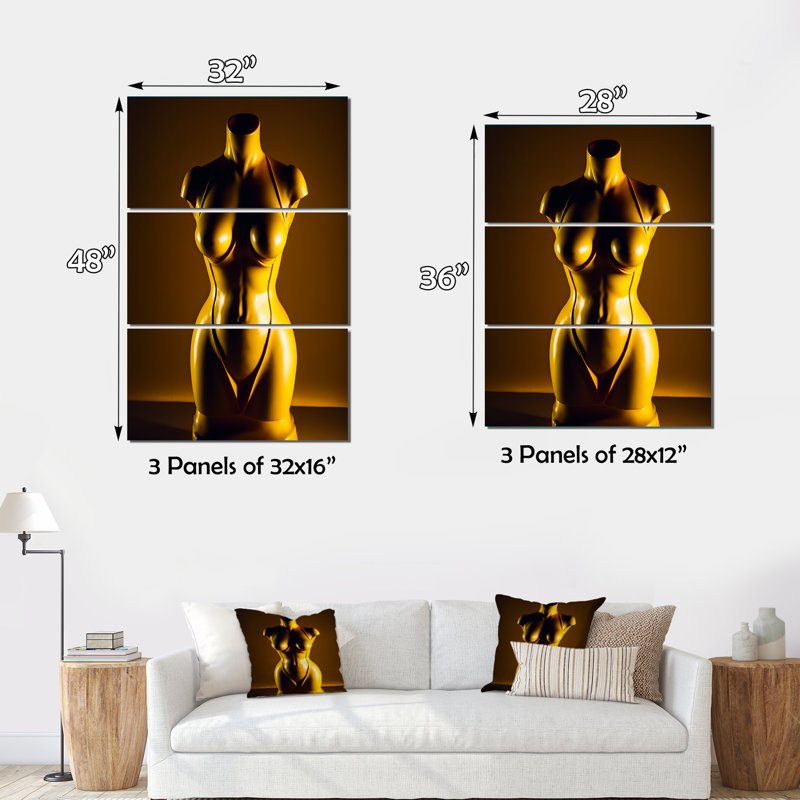 Élégant mannequin de robe dorée II - 3 pièces sur toile tendue, H 48 po x l 32 po x P 1 po