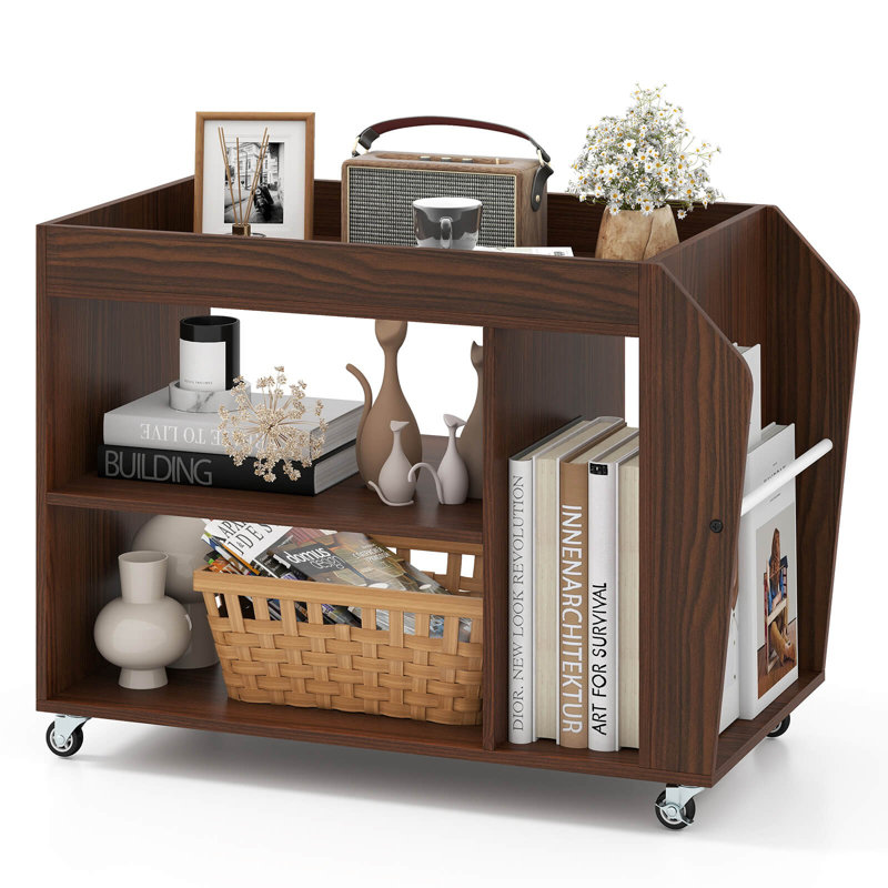 Side End Table 3-tier Bookshelf With Universal Wheels Rolling Nightstand Walnut Brown