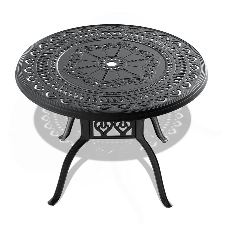Table de salle à manger en fonte d'aluminium avec cadre noir et trou pour parasol