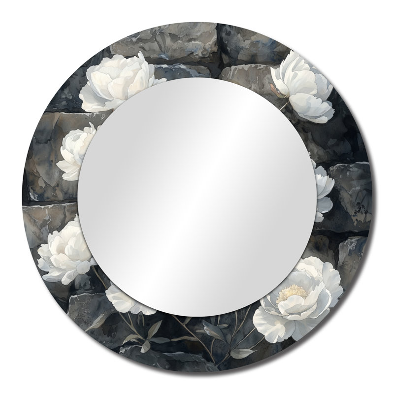 Pivoines monochromes sur le rocher I - Art mural miroir floral - imprimé sur métal, 23 po x 23 po