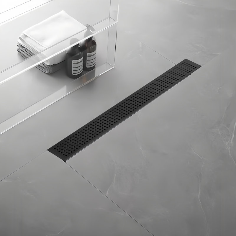 24 In. Stainless Steel Linear Shower Drain With Square Pattern Drain Cover In Matte Black, Matte Black