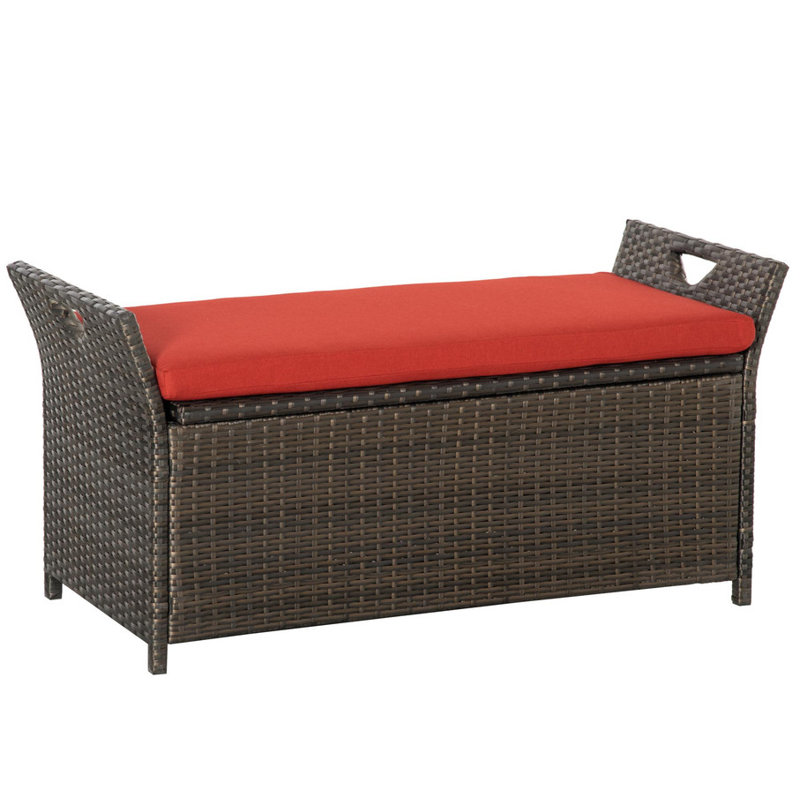 Patio wicker storage stool, outdoor PE cane patio furniture, 2 in 1 large volume rectangular garden storage box with handles and cushions