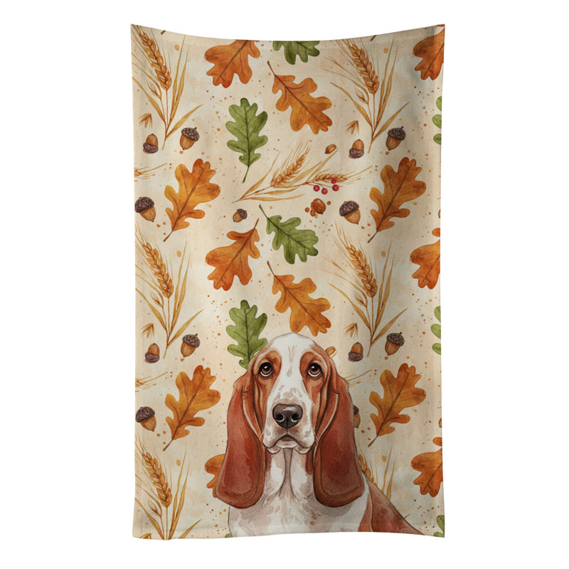Red and White Basset Hound Heirloom Fall Kitchen Towel, Red and White Basset Hound