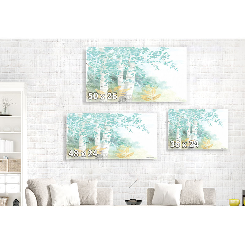 Forêt de rêve, feuilles, bouleau, vert, bleu sarcelle, jaune, H 26 po x l 50 po x P 1,5 po