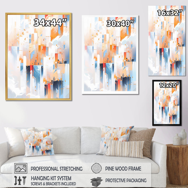 «Peach Blue Symmetric Abstractions» sur impression sur toile, Cadre doré à une seule photo, H 32 po x l 16 po x P 1 po