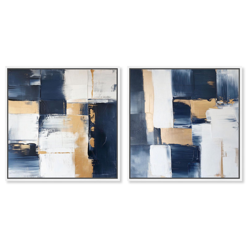 Ensemble de toiles « Block by Block » – Décoration d'intérieur bleue pour le salon par Art Remedy, cadre noir, 12 x 12