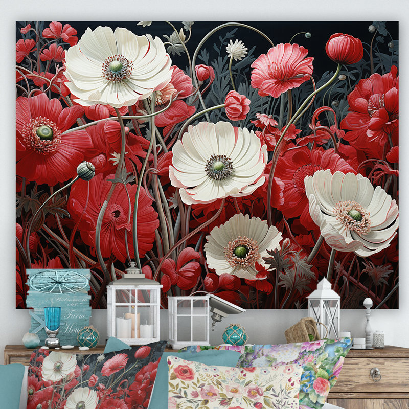White And Red Crimson Flower S Embrace - Flower Canvas Wall Art, Toile tendue, 12" H x 20" W