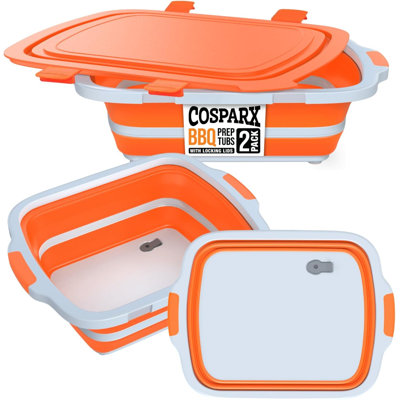 2-Pack XL Collapsible BBQ Prep Tub with Built-In Cutting Board