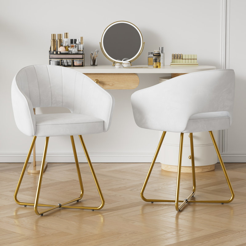 Velvet Modern Accent Chair Vanity Chair Set Of 2, Comfy Makeup Chair With Back Living Room Chair, Upholstered Dining Chairs Leisure Armchair With Golden Metal Legs