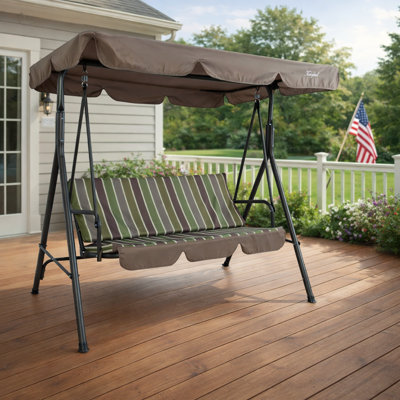 Balancelle de patio à 3 places Kozyard Alicia, balançoire à baldaquin d'extérieur avec cadre en acier, baldaquin réglable et coussins amovibles pour terrasse de jardin, rayure lime