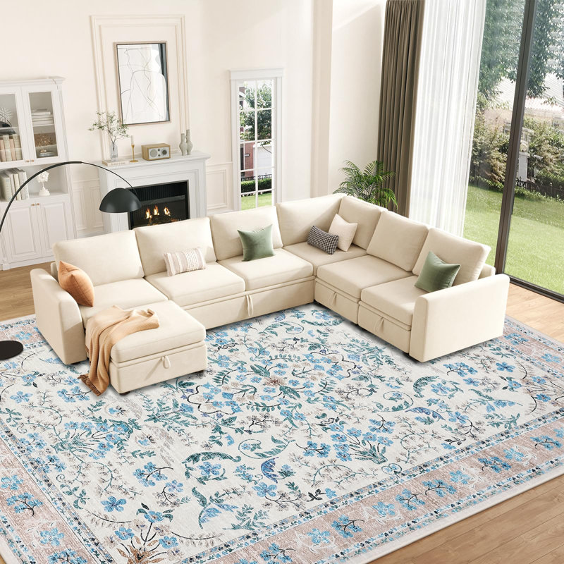 Vintage Floral Rug 10x13 FT Large Washable Rug for Living Rooms, Soft Thin Non Shedding Carpet, Low Pile Foldable Indoor Printed Mats, Farmhouse Oriental Carpet for Hotel, Blue