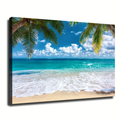 Palmier tropical, plage de sable, océan, paysage côtier, grande impression sur toile tendue pour salon, chambre à coucher