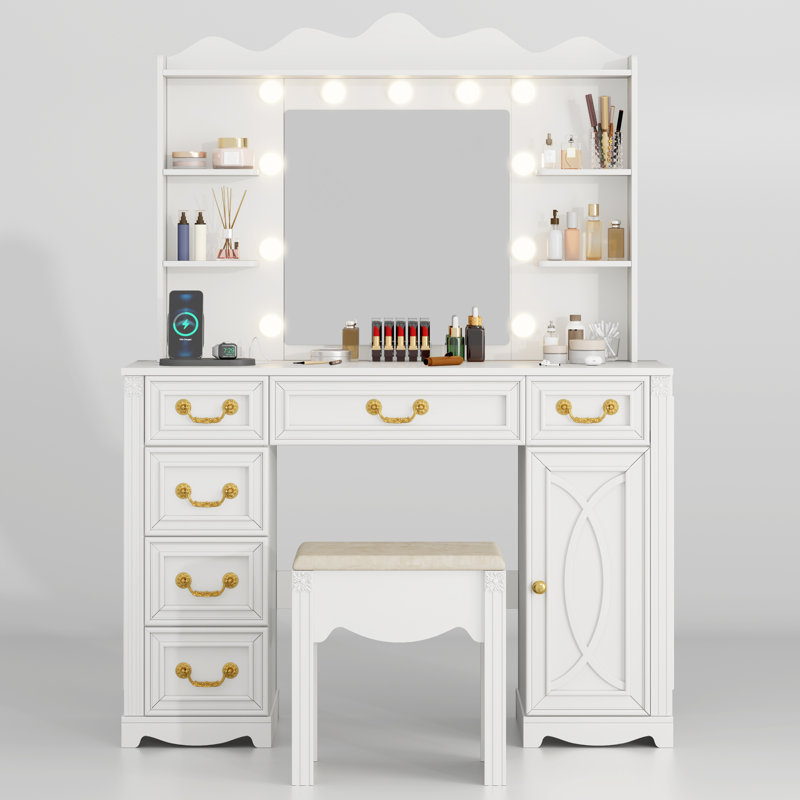 Dressing Table with 3-Color Lighting Mirror, Outlets, Stool, Storage Drawers and Cabinet, White/Grey