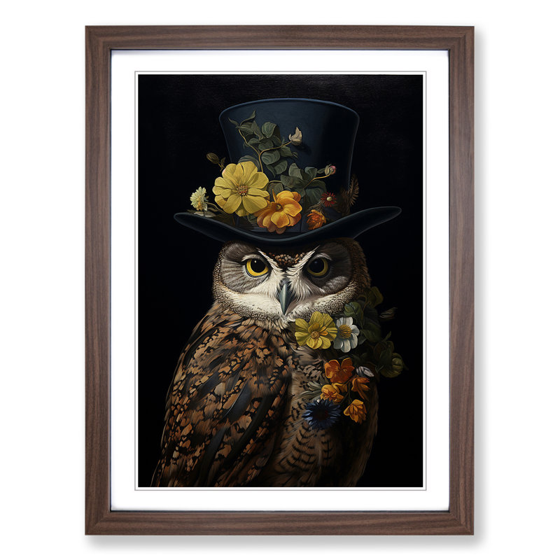 Owl Baroque - Single Picture Frame Print on Wood, Walnut, 46cm H x 34cm W x 2cm D