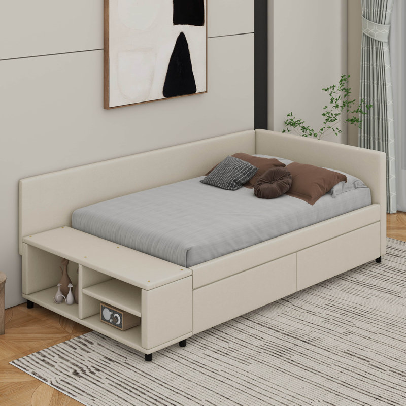 Lit plateforme simple tapissier en forme de L avec tiroirs, Beige