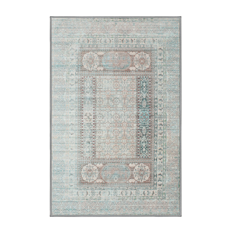 Tapis contemporain bleu ciel / gris, Rectangle 5 pi x 7 pi