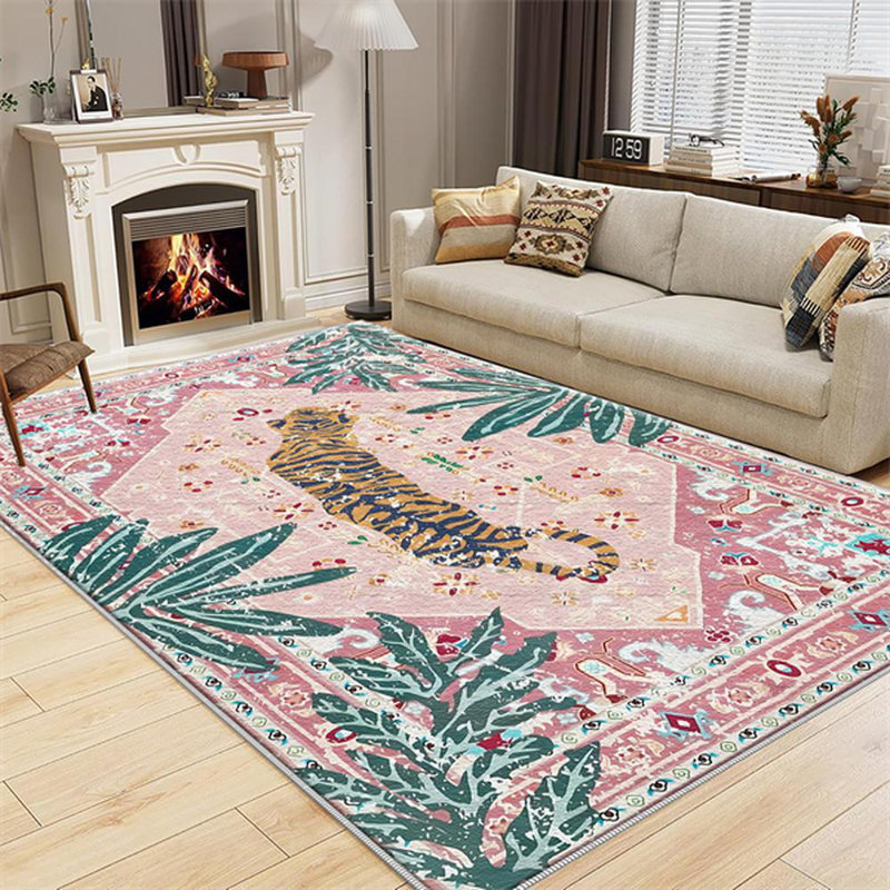 Tiger Washable Rugs Pink, Area Rugs For Living Room, Soft Large Vintage Bedroom, Rectangle 6' x 8'4"
