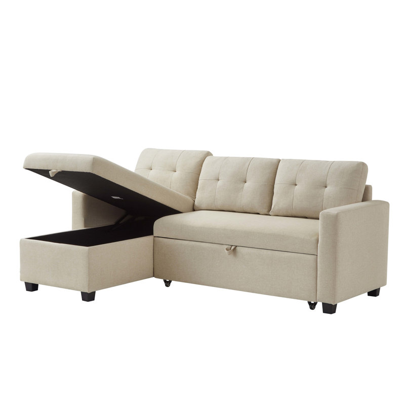 Lit rembourré avec méridienne de rangement beige - Canapé modulaire convertible carré et revêtu de lin
