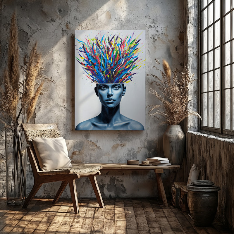 Toile, "Un portrait expressionniste saisissant" avec une tête d'art floral, H 20 po x l 16 po
