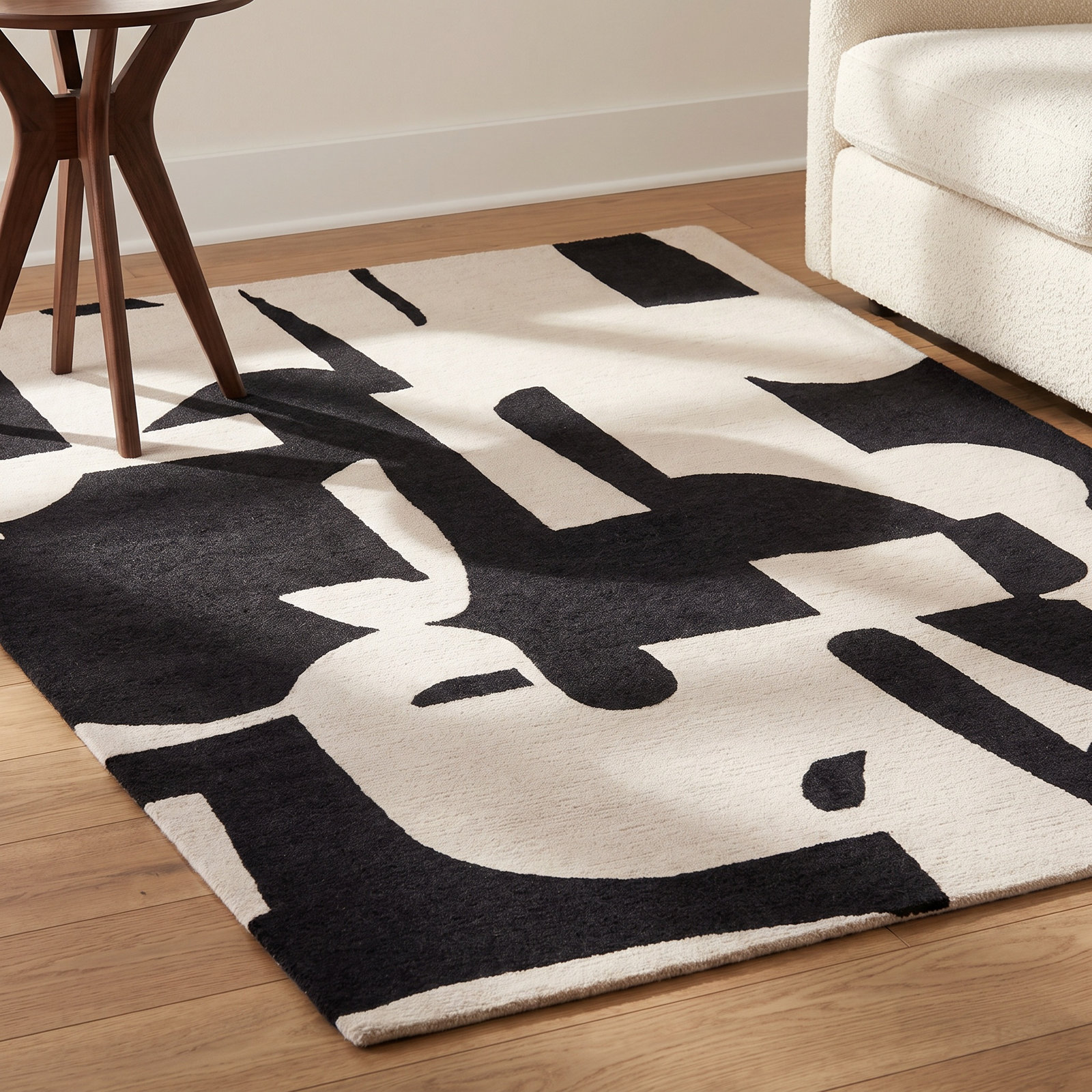 Black Cream Hand-Tufted Abstract Rug, Rectangle 5' x 8'