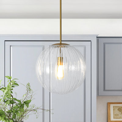 1-Light Ribbed Glass Globe Single Pendant