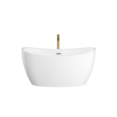 Dorrit 55 Inch Freestanding Bathtub in White, Polished Chrome Drain and Overflow Trim, and Brushed Gold Floor Mounted Faucet