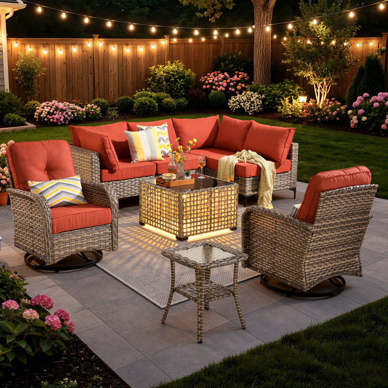Tommy Outdoor Wicker 6 Person Seating Group With Cushions With Rocking And Swivel Chairs, Red, No