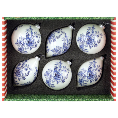 Blue And White Floral Ornament, Box Of 6 - 4 Inches