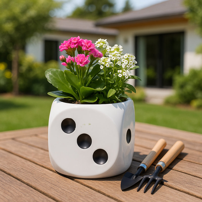 Pot à dés décoratif en céramique pour espaces intérieurs et extérieurs - Pots de fleurs créatifs pour patio, salon et décoration intérieure - 6 po, blanc et noir
