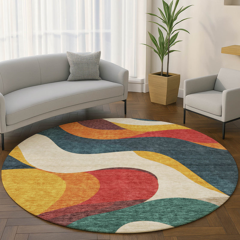 Premium Machine Washable Mayfield AMF2186 swirls Rug, Orange, 8' Round