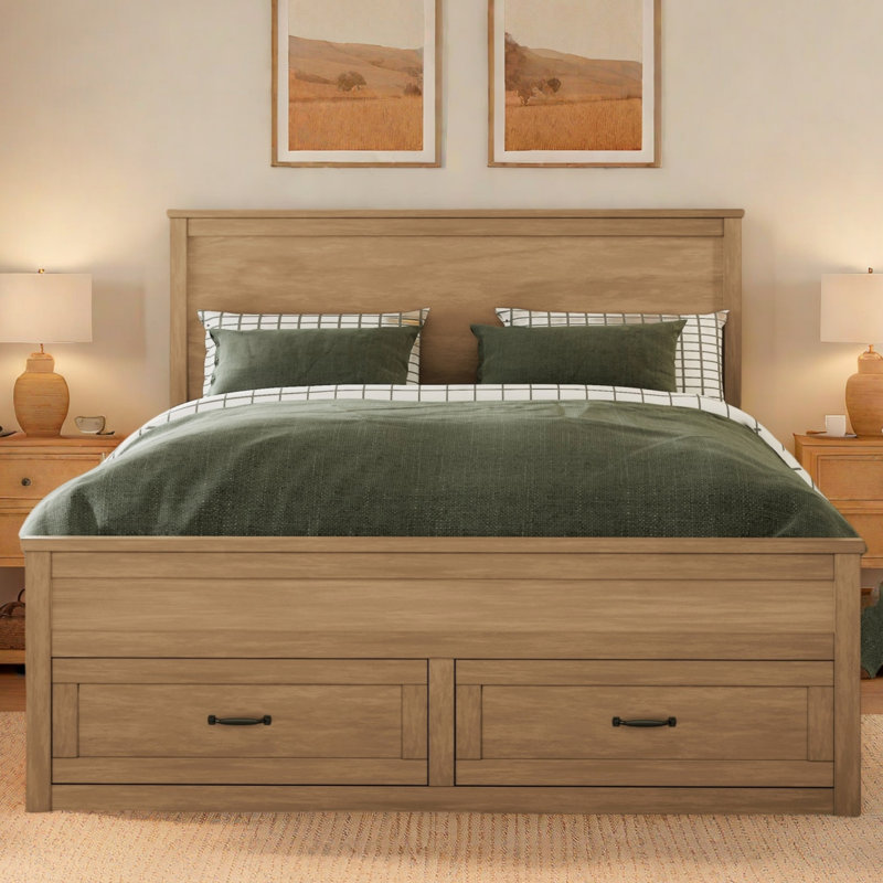 Queen Bed Frame Platform with Drawers, Center Supports Included, Natural