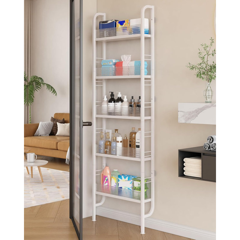 Étagère de salle de bain derrière la porte à 5 niveaux, étagère de rangement mince et compacte, étagère autoportante étroite pour la salle de bain, la cuisine, le placard et la salle de lavage