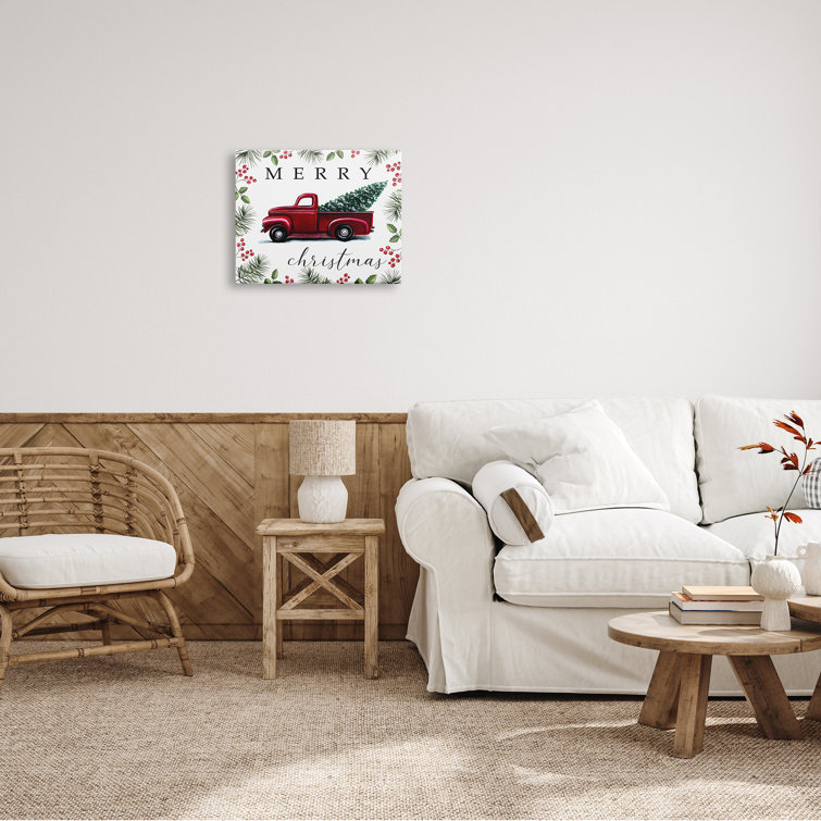 Merry Christmas Traditional Red Truck Winter Holly Border White Framed Giclee Texturized Art By Elizabeth Tyndall