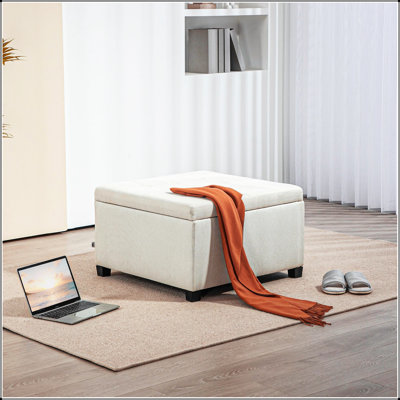 Repose-pieds de rangement capitonné en tissu de style rétro avec plateau rabattable, charnière en métal et structure en bois d'eucalyptus pour la décoration intérieure